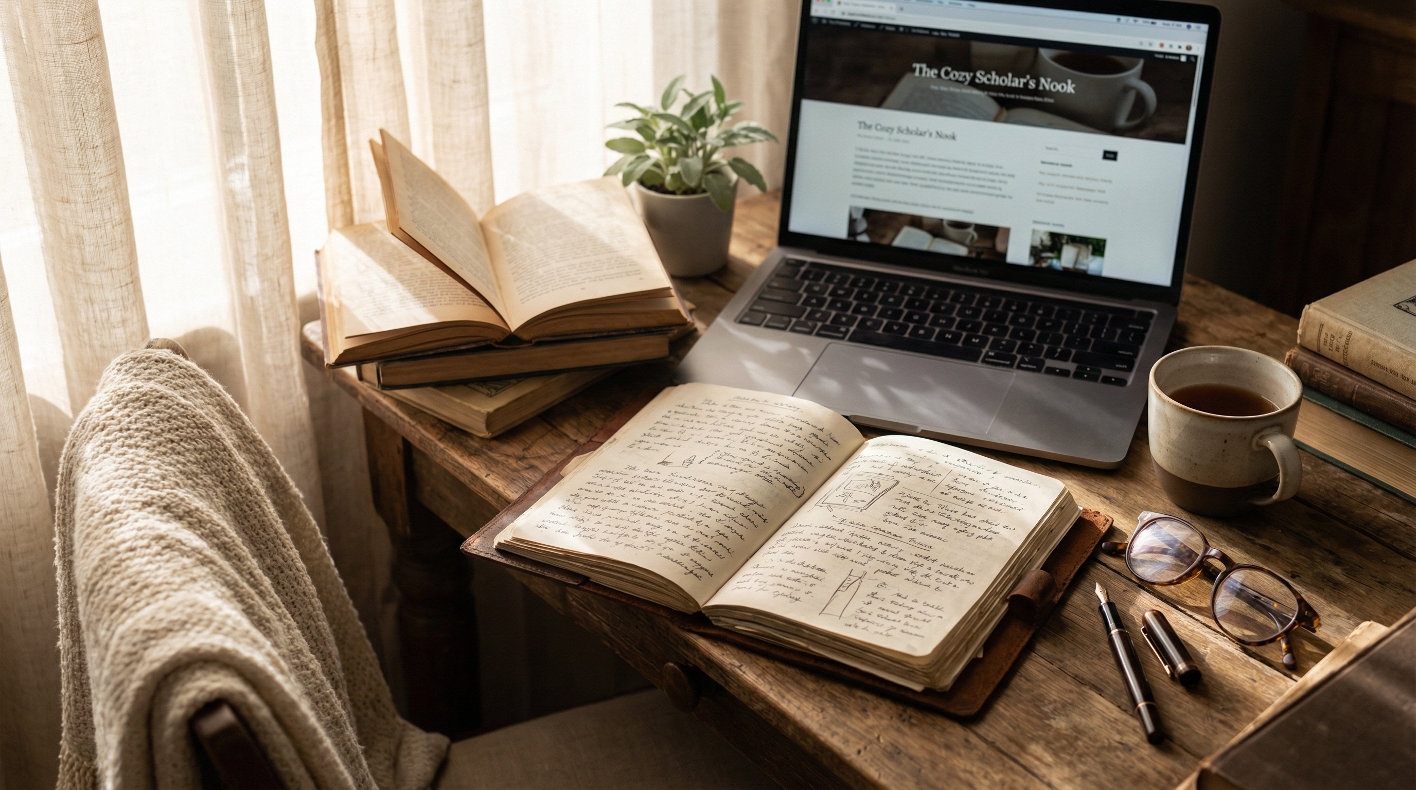 A personal workspace with journal and reading glasses