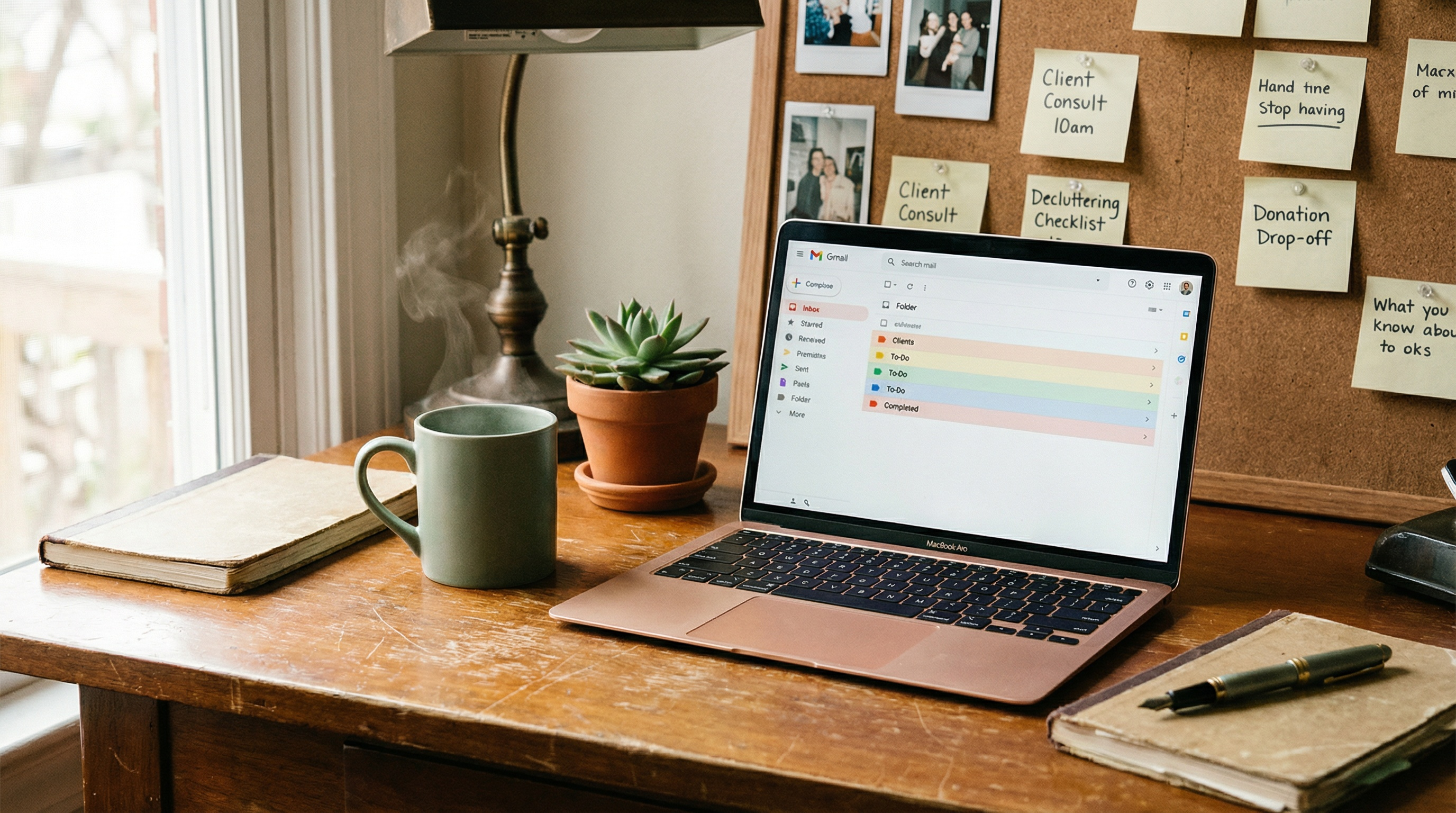 A calm, organized workspace with client consult notes